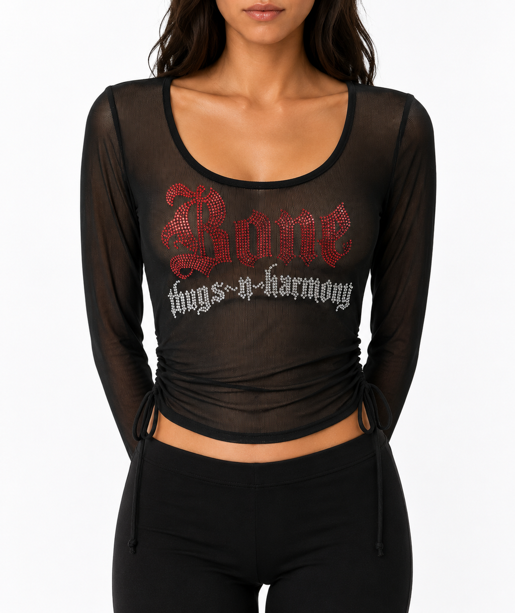 Sheer Ruched Side Drawstring Black Top