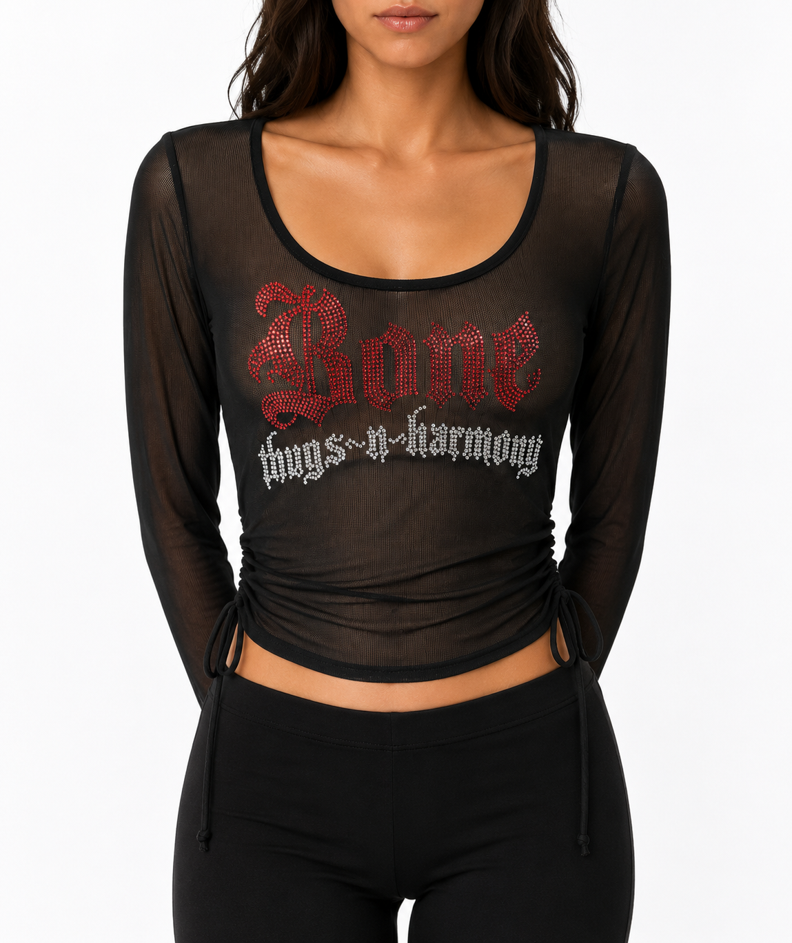 Sheer Ruched Side Drawstring Black Top