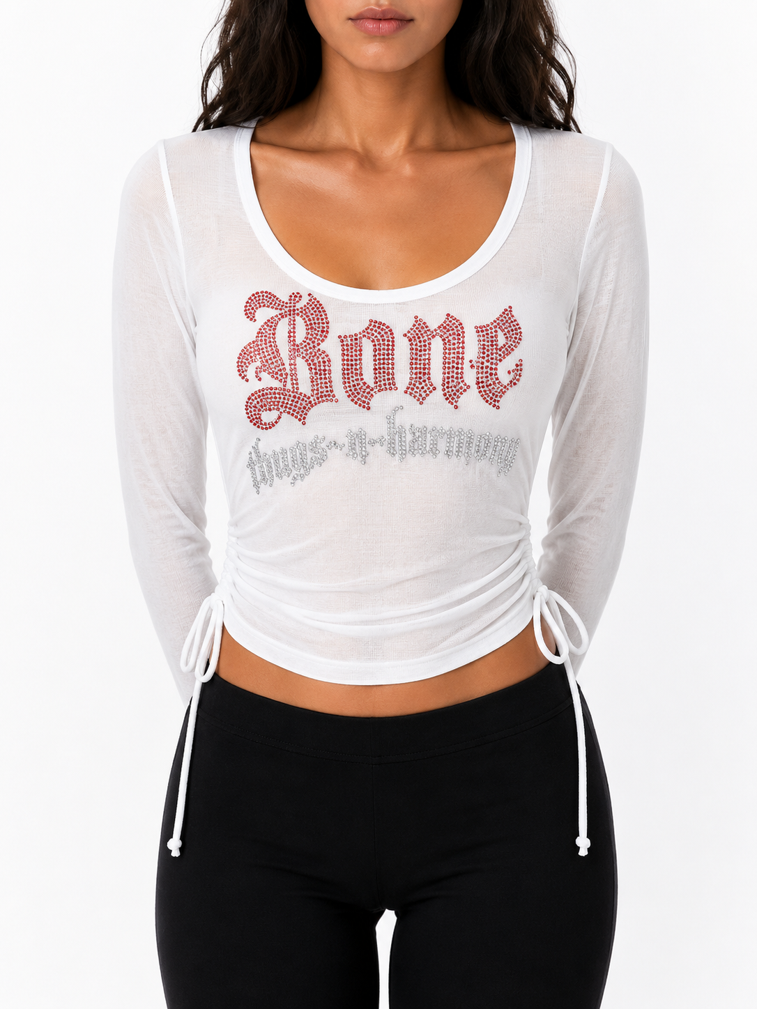Sheer Ruched Side Drawstring White Top