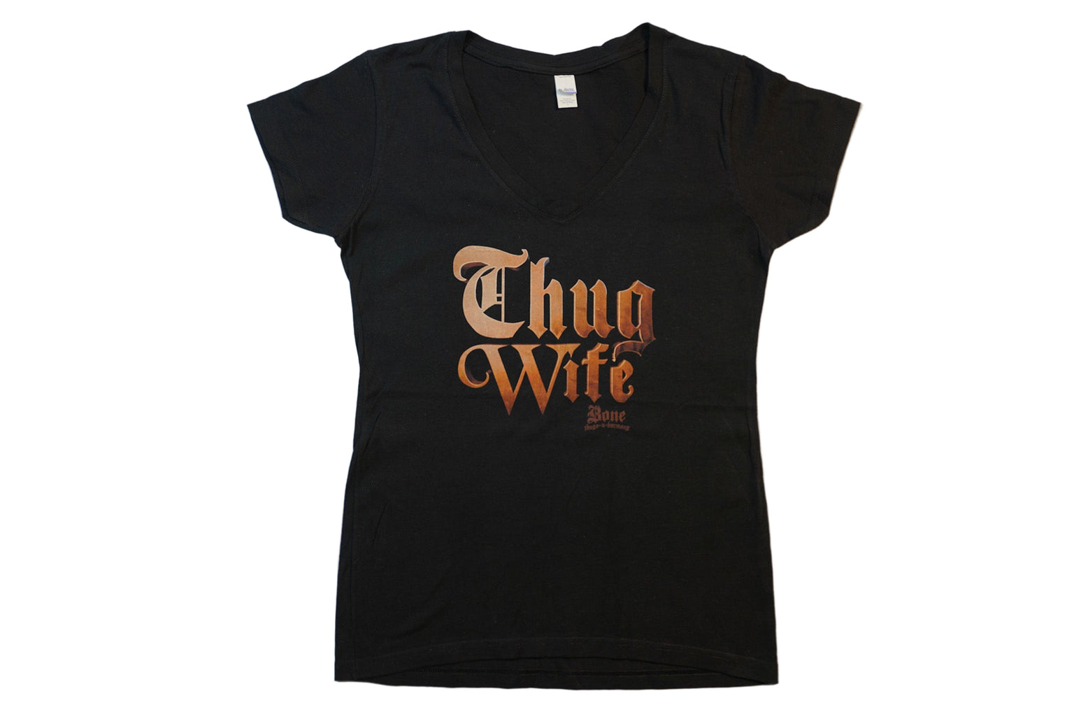 Women's Black Thug Wife V-Neck Tee with Bronze Logo