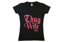 Women's Black Thug Wife V-Neck Tee with Pink Logo