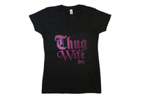 Women's Black Thug Wife V-Neck Tee with Purple logo