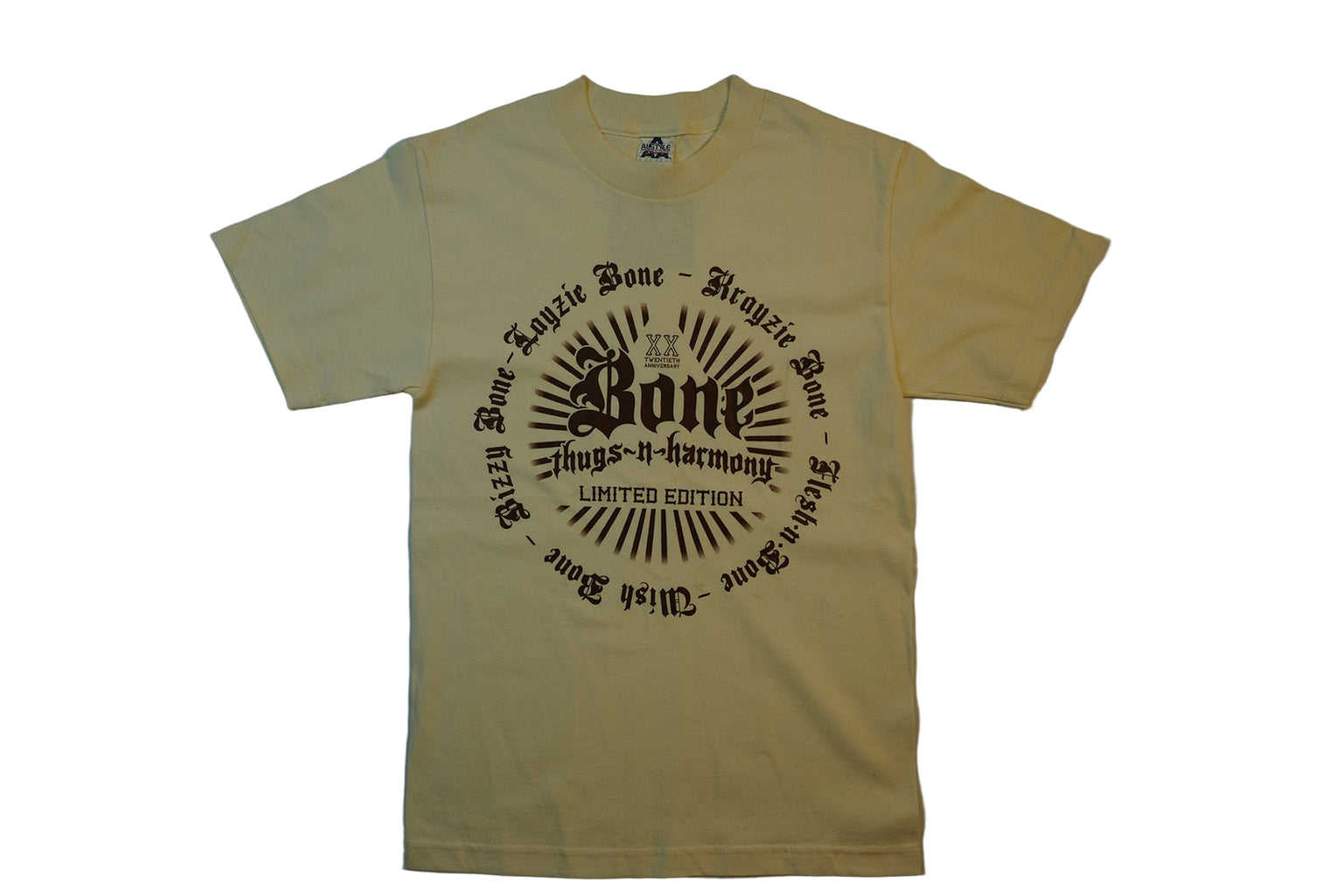 Tan 20th anniversary tee with brown print