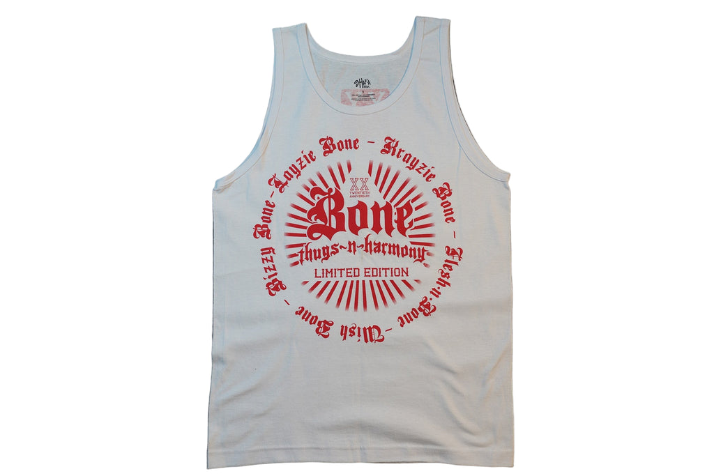 White 20th Anniversary Tank with Red print
