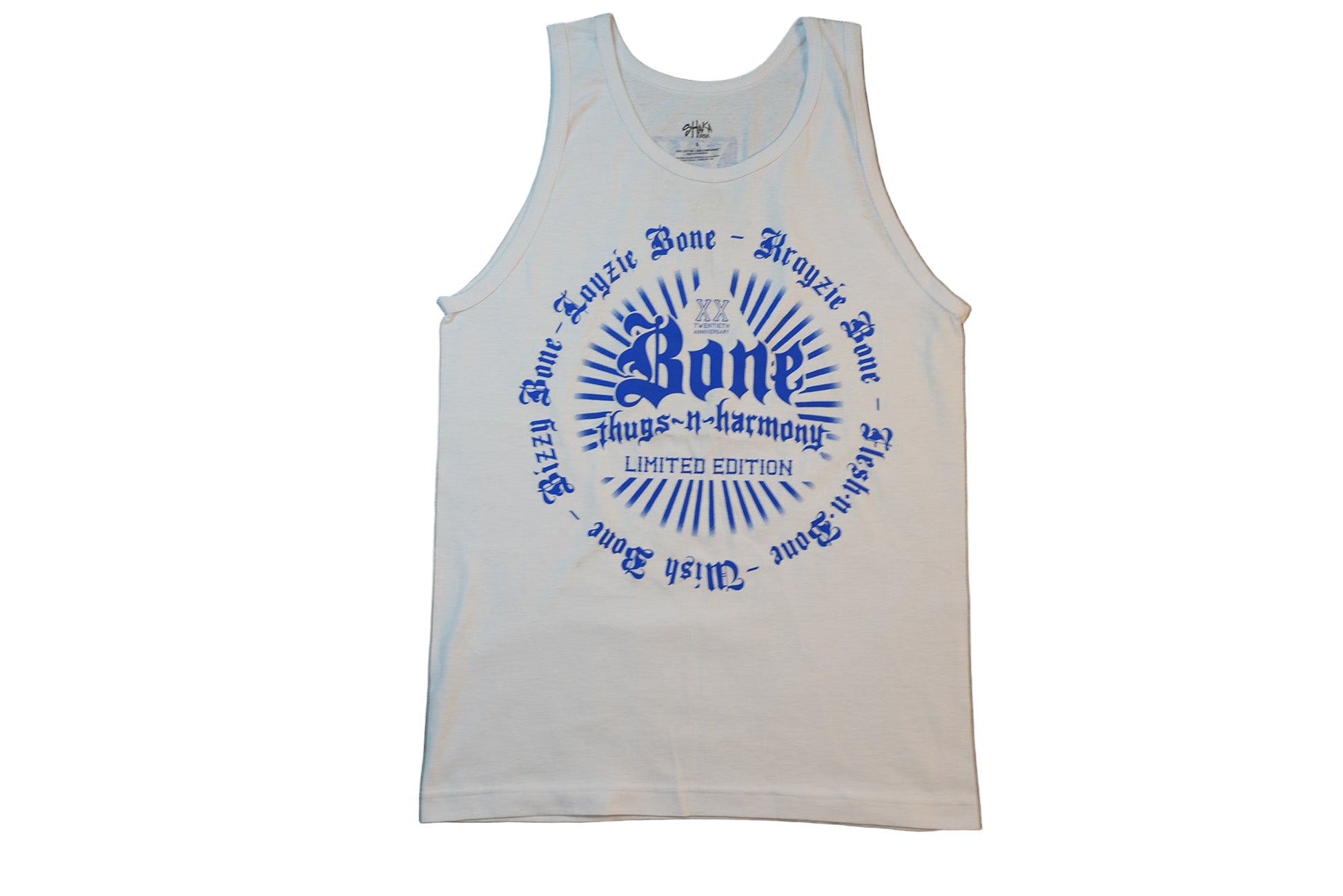 White 20th Anniversary Tank Top with Blue Print